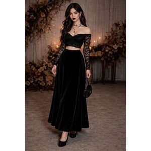 ALEX Evening Womens Skirt M Black Velvet A Line Maxi Evening Cocktail Whimsigoth